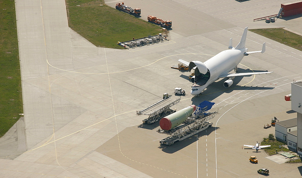 Aerial view, transporting aircraft, Guppy, airport Hamburg-Finkenwerder, Hamburg, Germany, Europe