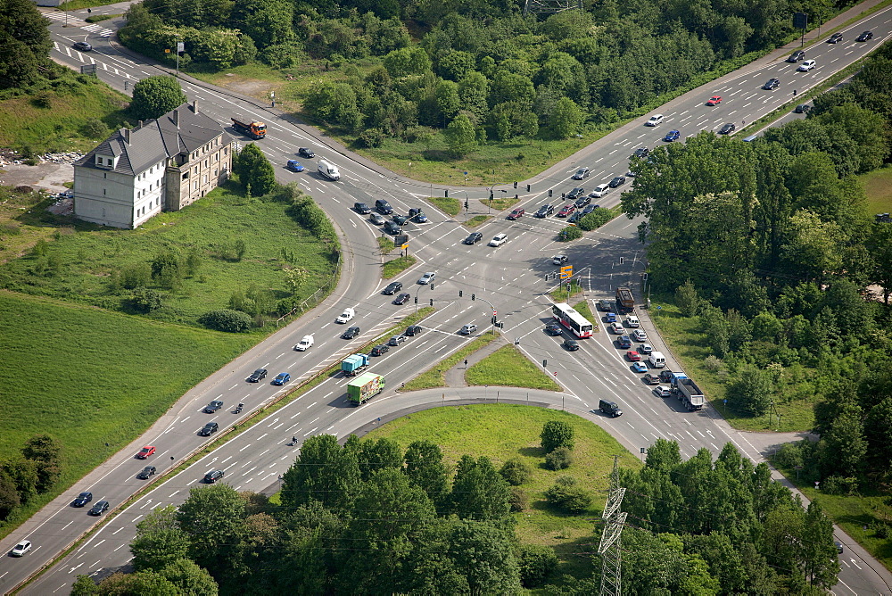 Aerial view, crossroads, Prosperstrasse street, Arensbergstrasse street, B224 federal highway, Bottrop-Boy, Ruhr area, North Rhine-Westphalia, Germany, Europe