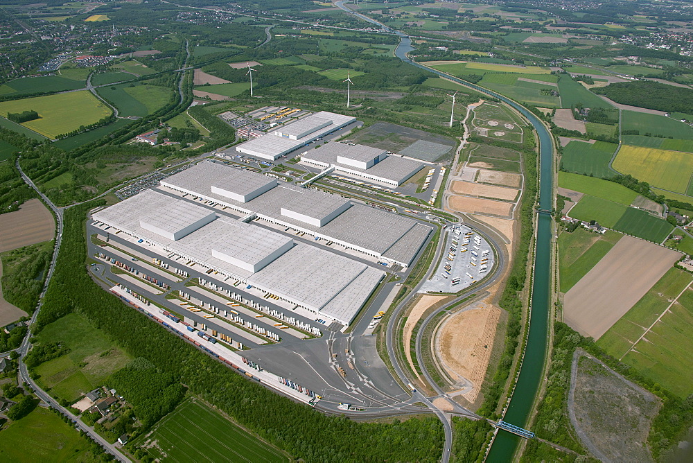 Aerial view, Kaufland Logistik Eving Logistik-Park Westfalenhuette logistics park, with compensating areas of former landfills, Dortmund, Ruhrgebiet region, North Rhine-Westphalia, Germany, Europe