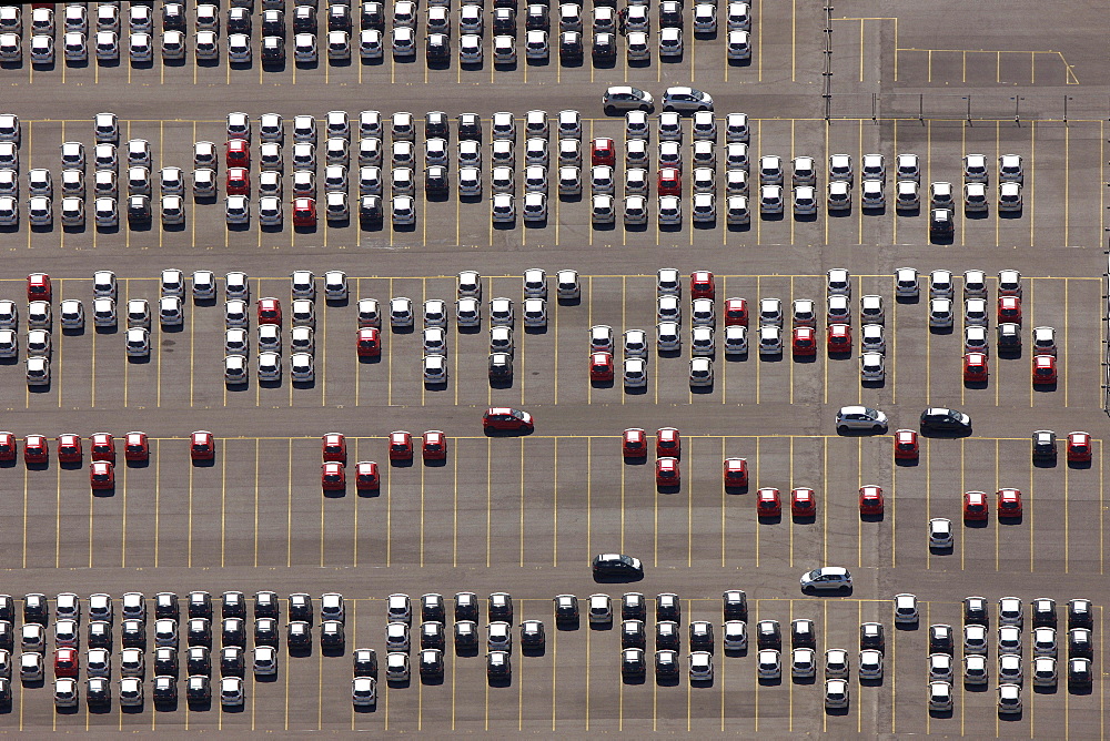 Aerial view, parking site, car and truck import, Logport industrial park in Duisburg-Rheinhausen, Ruhr area, North Rhine-Westphalia, Germany, Europe