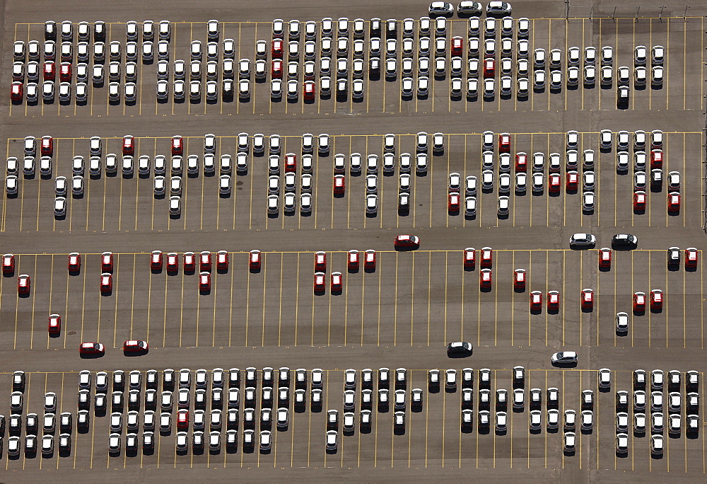 Aerial view, parking site, car import, Logport industrial park in Duisburg-Rheinhausen, Ruhr area, North Rhine-Westphalia, Germany, Europe