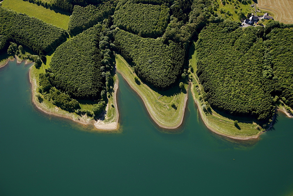 Aerial view, Grosse Dhuenntalsperre dam, drinking water reservoir, Bergisches Land region, North Rhine-Westphalia, Germany, Europe