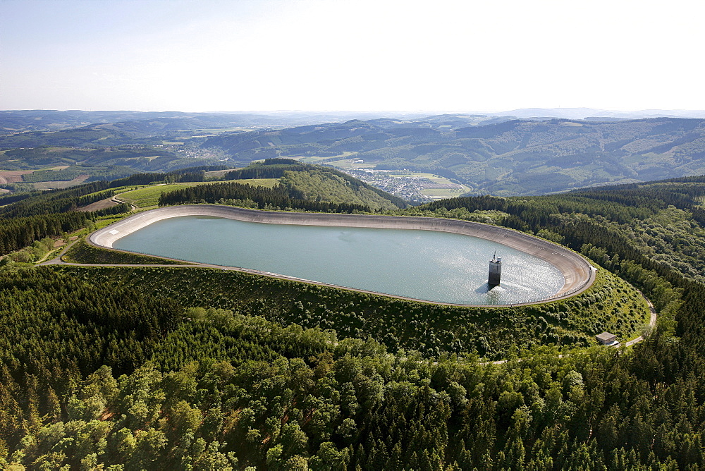 Aerial view, pumped storage power plant, pumping stations, PSW, reservoir in Roenkhausen, Kreis Olpe county, Sauerland region, North Rhine-Westphalia, Germany, Europe