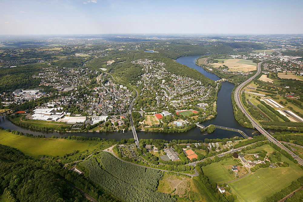 Aerial view, river Ruhr between the Hagen, Dortmund and Herdecke cities, Koepchenwerk pumped storage power plant in Herdecke, Hengstey run-of-the-river hydroelectric power station, Hagen, Sauerland region, North Rhine-Westphalia, Germany, Europe