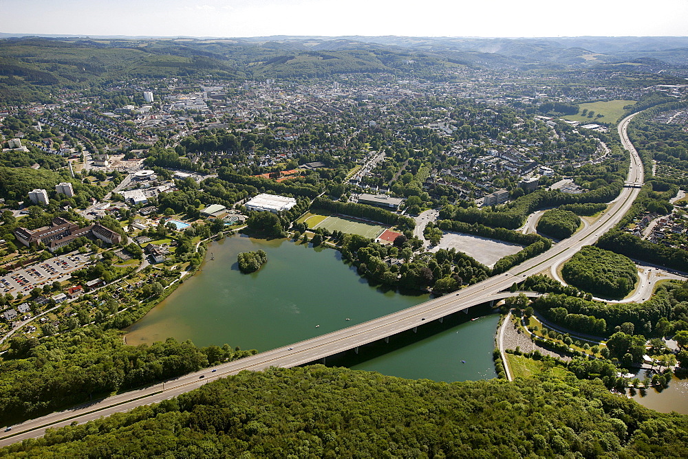 Aerial view, Lake Seilersee or Callerbachtalsperre storage lake, Iserlohn, Maerkischer Kreis area, Regierungsbezirk Arnsberg county, Sauerland region, North Rhine-Westphalia, Germany, Europe