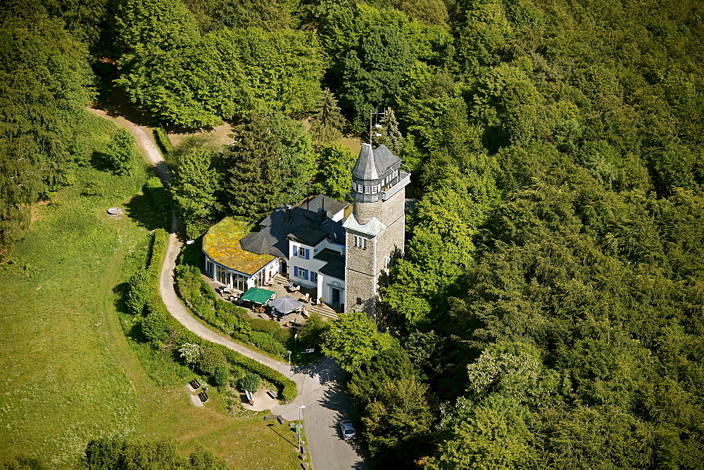 Aerial view, Danzturm observation tower, monument and landmark on the Froendenberg hill in the city forest, Iserlohn, Maerkischer Kreis area, Regierungsbezirk Arnsberg county, Sauerland region, North Rhine-Westphalia, Germany, Europe