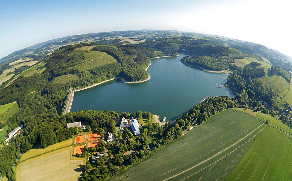 Aerial view, fisheye shot, Hennetalsperre reservoir lake, Naturpark Homert nature park near Meschede, Hochsauerlandkreis area, Sauerland region, North Rhine-Westphalia, Germany, Europe