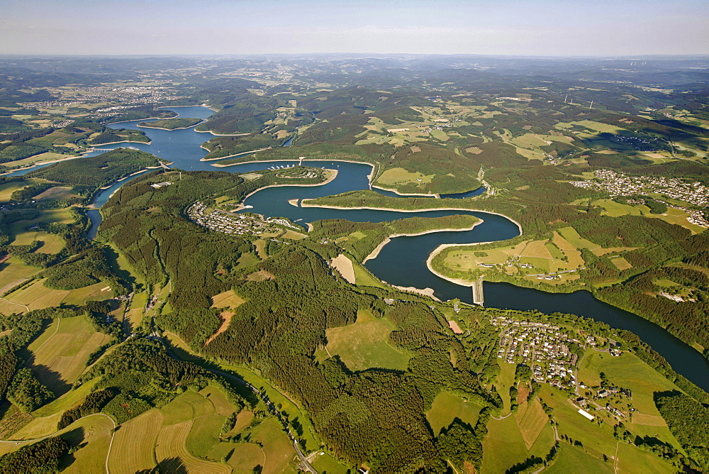 Aerial view, Bigge Reservoir, Biggetal Dam, Kreis Olpe district, Sauerland, North Rhine-Westphalia, Germany, Europe