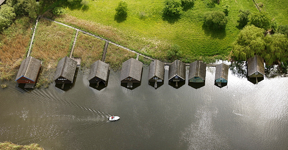 Aerial view, boat houses, Roebel, Mueritz, Mecklenburg-Western Pomerania, Germany, Europe