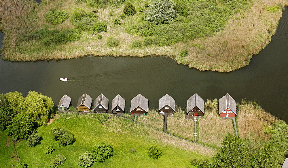 Aerial view, boat houses, Roebel, Mueritz, Mecklenburg-Western Pomerania, Germany, Europe