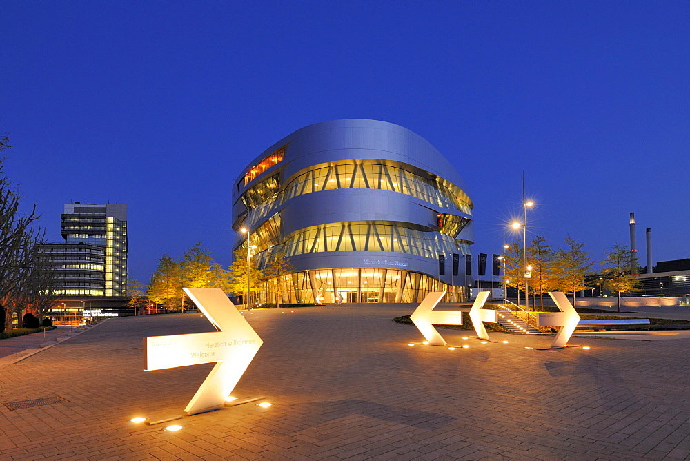 Mercedes-Benz Museum at dusk, Stuttgart, Baden-Wuerttemberg, Germany, Europe