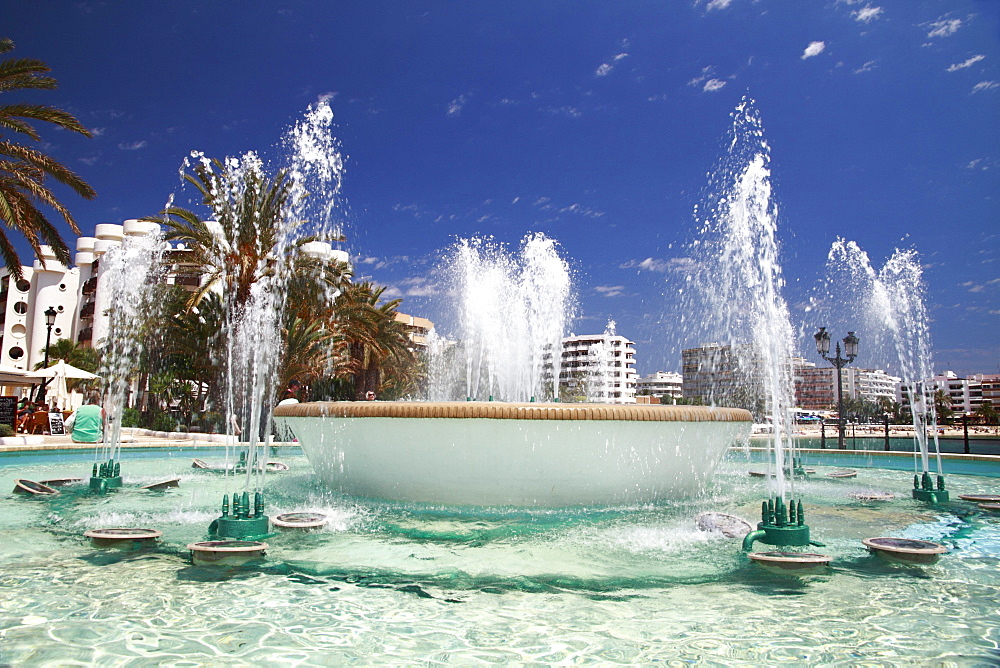 Fountain at the beach promenade of Santa Eulalia, Ibiza, Spain, Europe