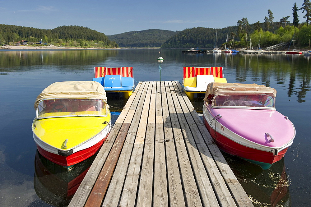 Boats, jetty, Lake Schluchsee, Black Forest, Baden-Wurttemberg, Germany, Europe