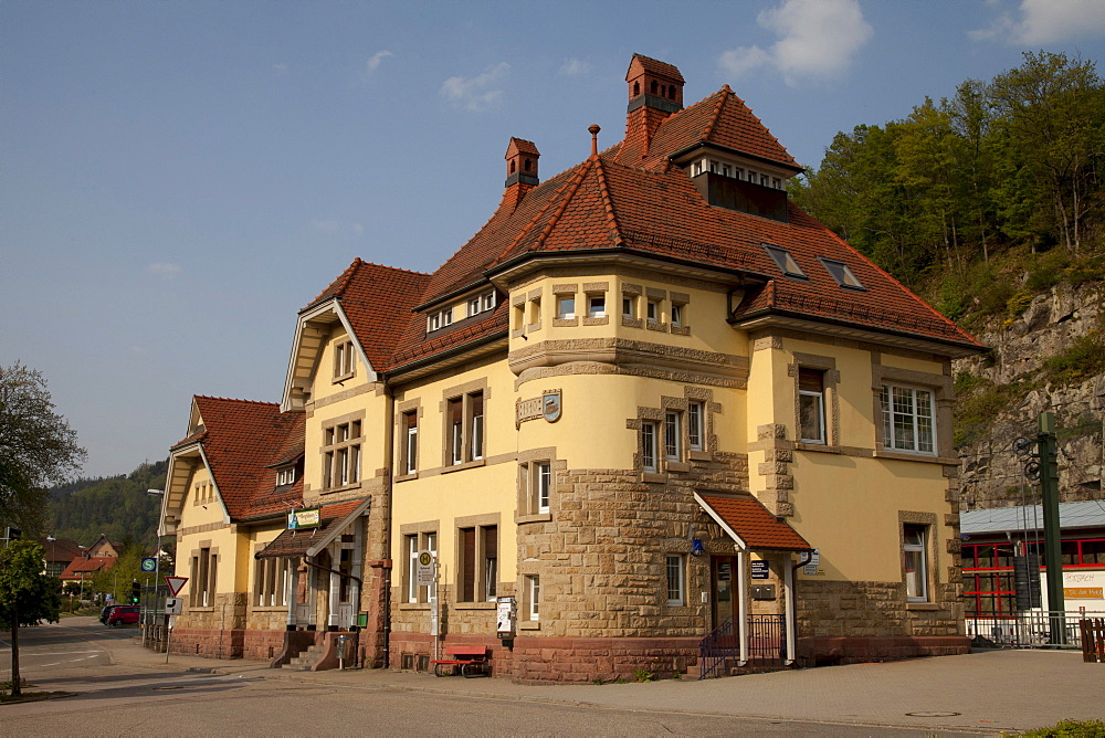 Train station, Forbach, Murgtal valley, Black Forest mountain range, Baden-Wuerttemberg, Germany, Europe