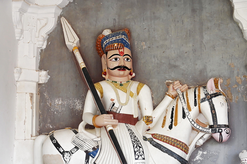 Equestrian statue in the Hall of Heroes, Mandore, Jodhpur, Rajasthan, northern India, Asia