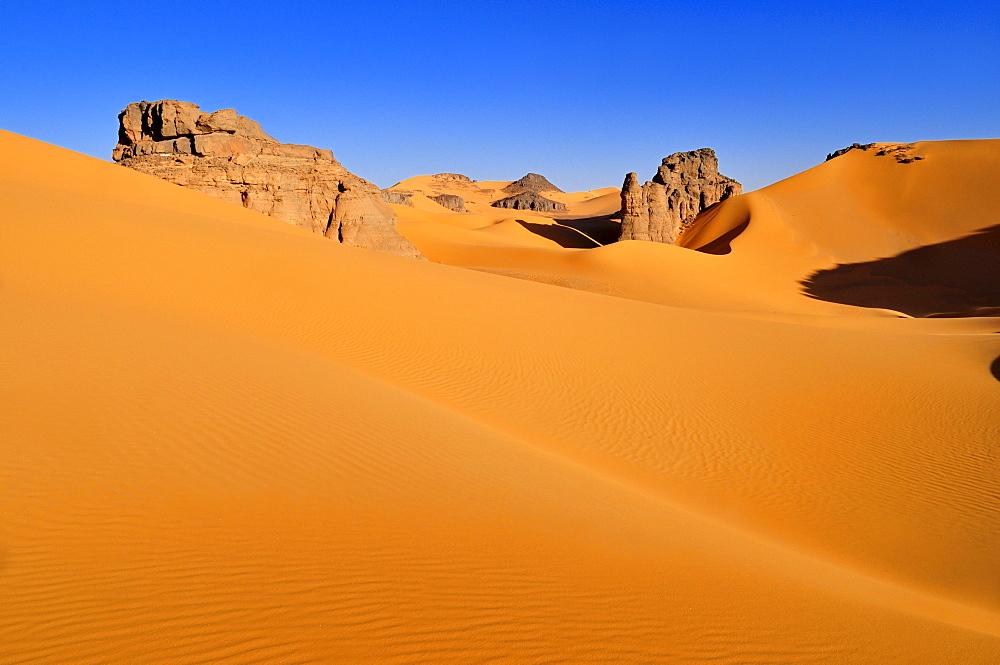 Sandstone rock formation in the dunes of Moul N'Aga, Tadrart, Tassili n'Ajjer National Park, Unesco World Heritage Site, Algeria, Sahara, North Africa