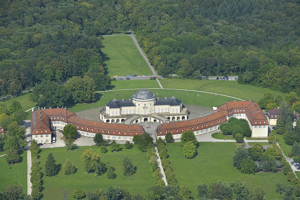 Aerial view, Schloss Solitude palace, built 1763-1769 as a hunting and entertainment palace of Duke Carl Eugen von Wuerttemberg, Stuttgart, Baden-Wuerttemberg, Germany, Europe