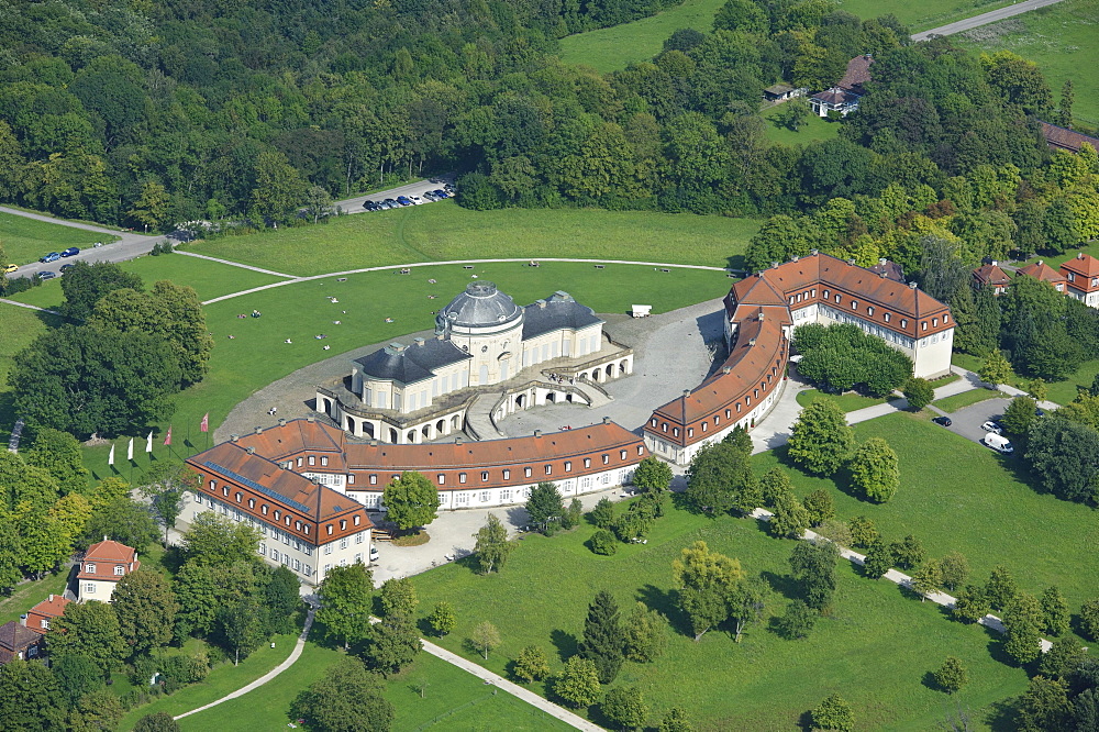 Aerial view, Schloss Solitude palace, built 1763-1769 as a hunting and entertainment palace of Duke Carl Eugen von Wuerttemberg, Stuttgart, Baden-Wuerttemberg, Germany, Europe