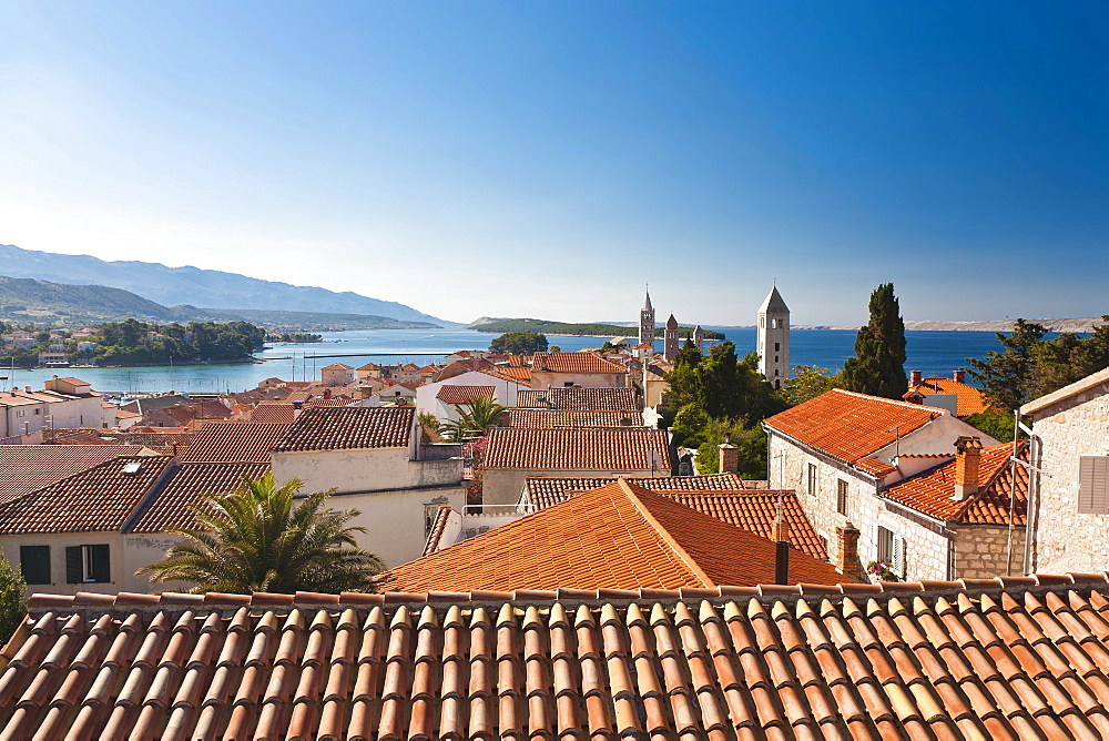 View towards the four bell towers of the town of Rab, Rab Island, Primorje-Gorski Kotar, Croatia, Europe