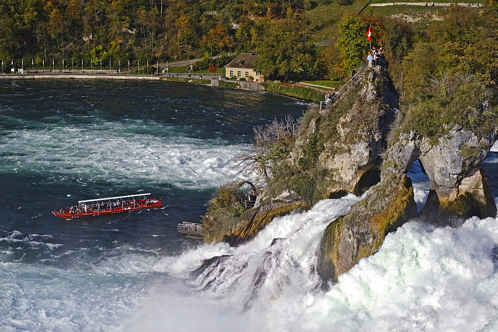 Boat trip to the viewpoint at the Rhine Falls near Schaffhausen, Switzerland, Europe