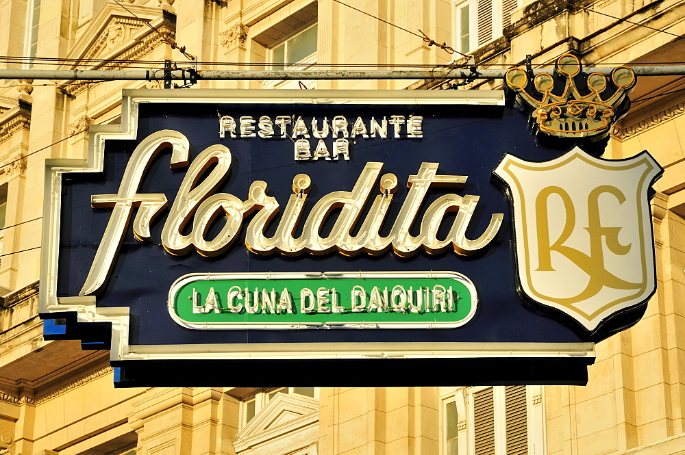 Inn sign of the Floridita Bar, Hemingway's favorite bar in Old Havana, Habana Vieja, Havana, Cuba, Caribbean