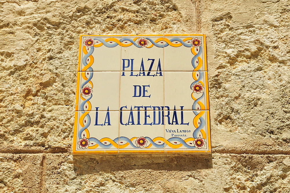 Street sign at the Plaza de la Catedral square, old town Habana Vieja, Havana, Cuba, Caribbean