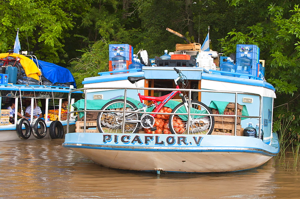 Floating grocery boat, Parana delta, Tigre, Buenos Aires, Argentina, South America