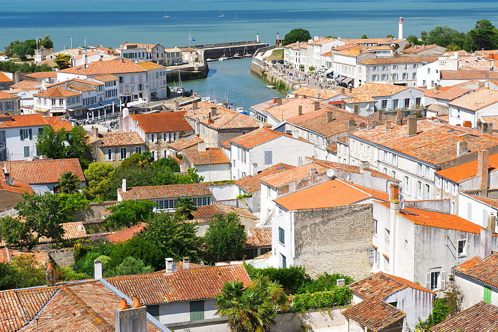 Overview of Saint Martin en Re and its harbor, Ile de Re island, Departement Charentes Maritime, France, Europe