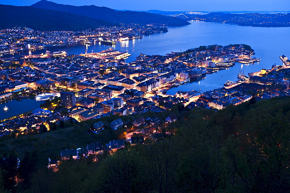 View from Mount Floyen towards Bergen at dusk, Hordaland, Norway, Scandinavia, Northern Europe