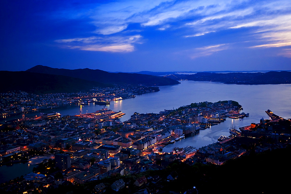 View from Mount Floyen towards Bergen at dusk, Hordaland, Norway, Scandinavia, Northern Europe