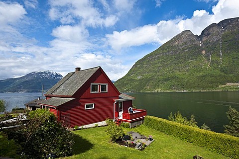 Typical red wooden house on the Hardanger Fjord, Norway, Scandinavia, Northern Europe, PublicGround