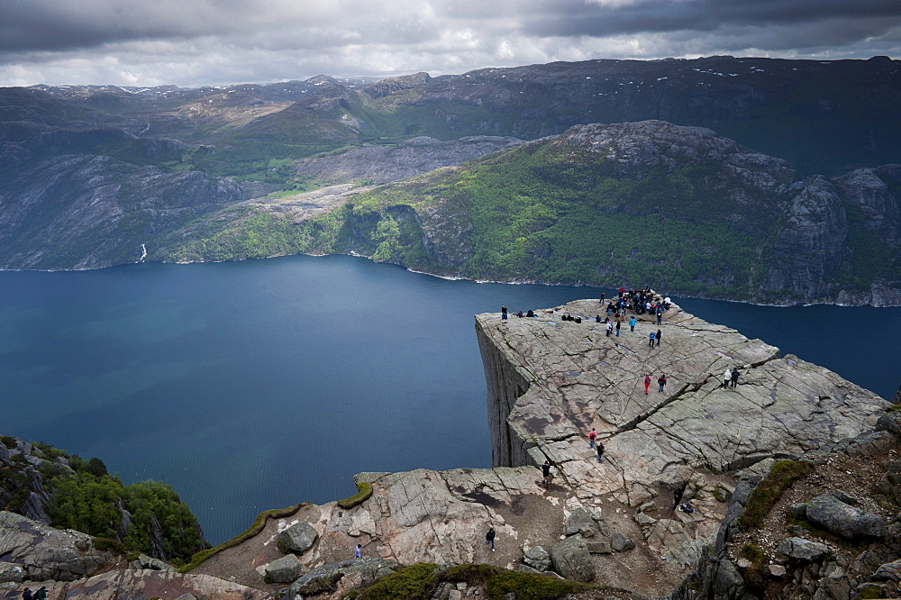 Pulpit Rock, also known as Preikestolen, Lysefjorden fjord at the back, Jorpeland, Rogaland, Norway, Scandinavia, Northern Europe