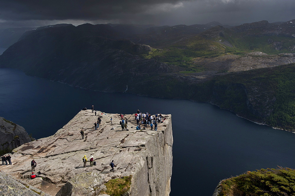 Pulpit Rock, also known as Preikestolen, Lysefjorden fjord at the back, Jorpeland, Rogaland, Norway, Scandinavia, Northern Europe