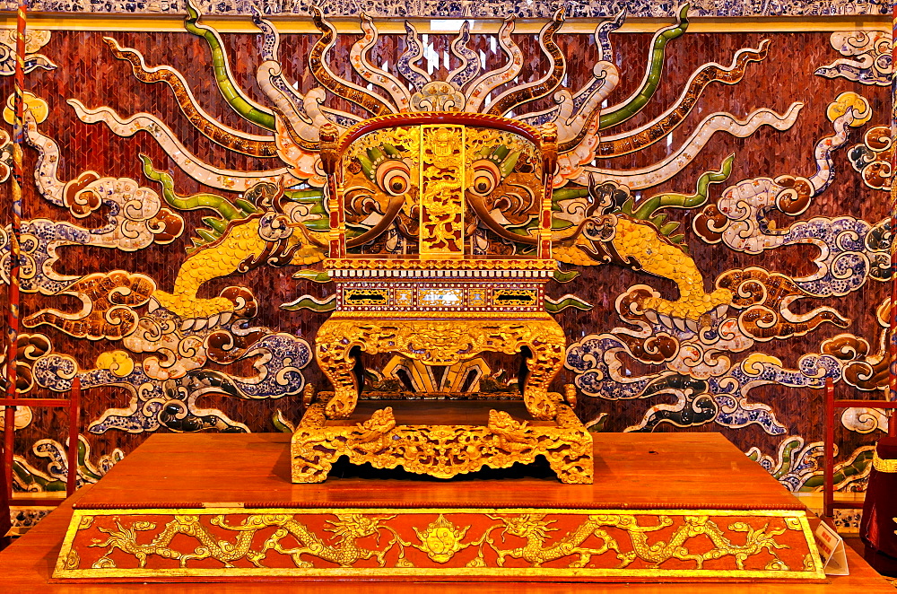 Throne on the stage of the theater, Hoang Thanh Imperial Palace, Forbidden City, Hue, UNESCO World Heritage Site, Vietnam, Asia