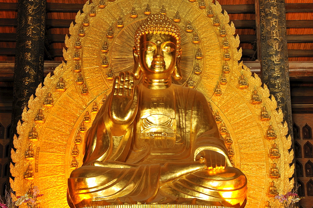 Gold-plated Buddha statue, Pagoda Chua Bai Dinh, Ninh Binh, Vietnam, Southeast Asia, Asia