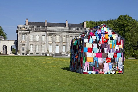 House made from colorful clothes, art installation by Loreta Visic-Washuis, CABANES 2011, Chateau de Seneffe castle, Seneffe, Hainaut province, Wallonia, Belgium, Europe