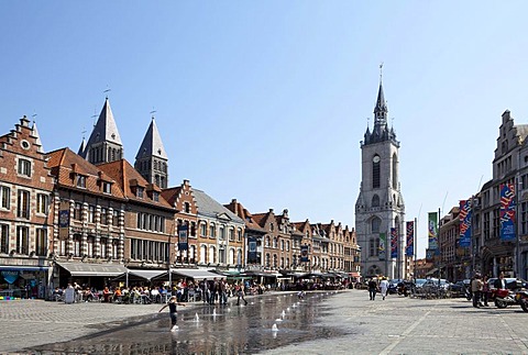 Cathedral Notre Dame de Tournai, built from 1110 to 1325, and belfry from 1200, UNESCO World Heritage Site, Grand Place, Tournai, Province of Hainaut, Wallonia, Belgium, Europe