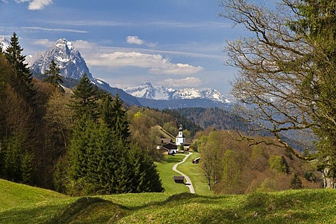 Path towards Wamberg near Garmisch-Partenkirchen, view towards the Wetterstein Range with Zugspitze, Waxenstein and Daniel mountains, Bavarian Alps, Werdenfelser Land, Upper Bavaria, Germany, Europe