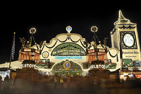 Brightly illuminated Augustiner Braeu festival tent at night, Oktoberfest 2010, Munich, Upper Bavaria, Bavaria, Germany, Europe