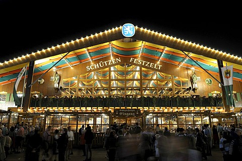 Brightly illuminated Loewenbraeu Schuetzen festival tent at night, Oktoberfest 2010, Munich, Upper Bavaria, Bavaria, Germany, Europe