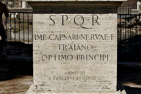 Trajan statue, marble pedesta, Via dei Fori Imperiali, Rome, Lazio, Italy, Europe