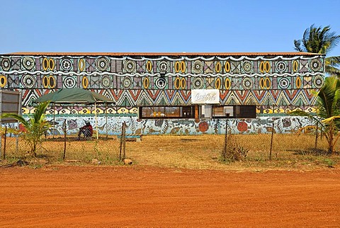 Workshop building painted with Aboriginal patterns, Tiwi Islands, Northern Territory, Australia