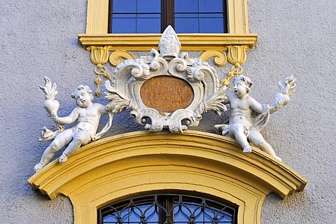 Baroque angels above the entrance portal, Duernstein Abbey, Wachau Cultural Landscape, a UNESCO World Heritage site, Lower Austria, Austria, Europe