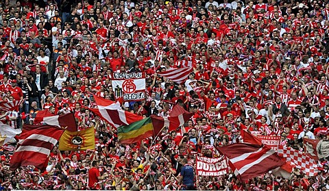 Fan block, fan curve of FC Bayern Muenchen supporters, Allianz Arena, Munich, Bavaria, Germany, Europe