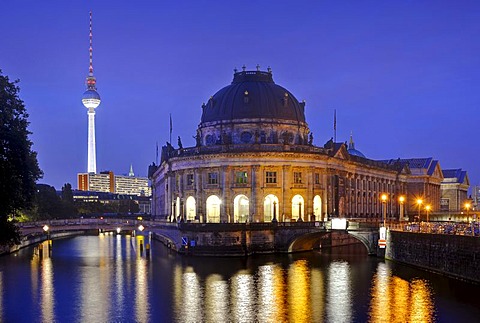 Night view at the blue hour, Bode-Museum, TV tower, Museumsinsel island, UNESCO World Heritage Site, Mitte district, Berlin, Germany, Europe