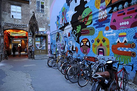 Bicycles in the courtyard, Haus Schwarzenberg culture club, Hackescher Market, Cafe Central, graffiti, Mitte district, Berlin, Germany, Europe