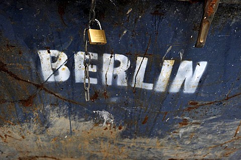 Padlock on a garbage container labeled Berlin, Berlin, Germany, Europe