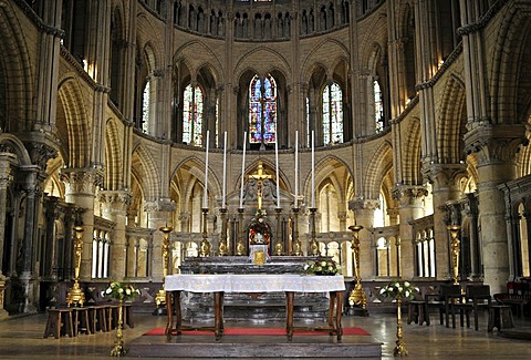 Altar and sanctuary, historic glass windows from the 12th century, basilica Abbey of Saint-Remi, UNESCO World Heritage Site, Reims, Champagne-Ardenne, Marne, France, Europe