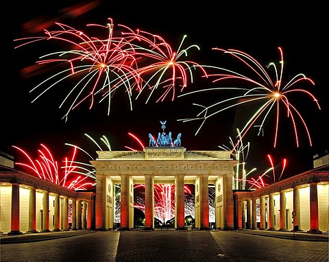 Brandenburg Gate with fireworks display, Berlin, Germany, Europe, composite