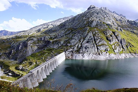 Dam of the Lago di Lucendro storage lake above the St. Gotthard Pass, Ticino, Switzerland, Europe